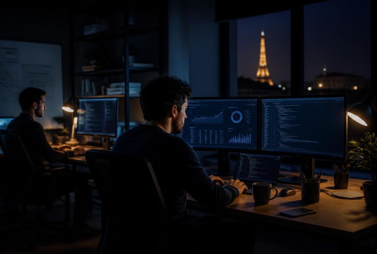 Développeurs de l'agence Presta Debug travaillant de nuit sur des boutiques e-commerce depuis la France